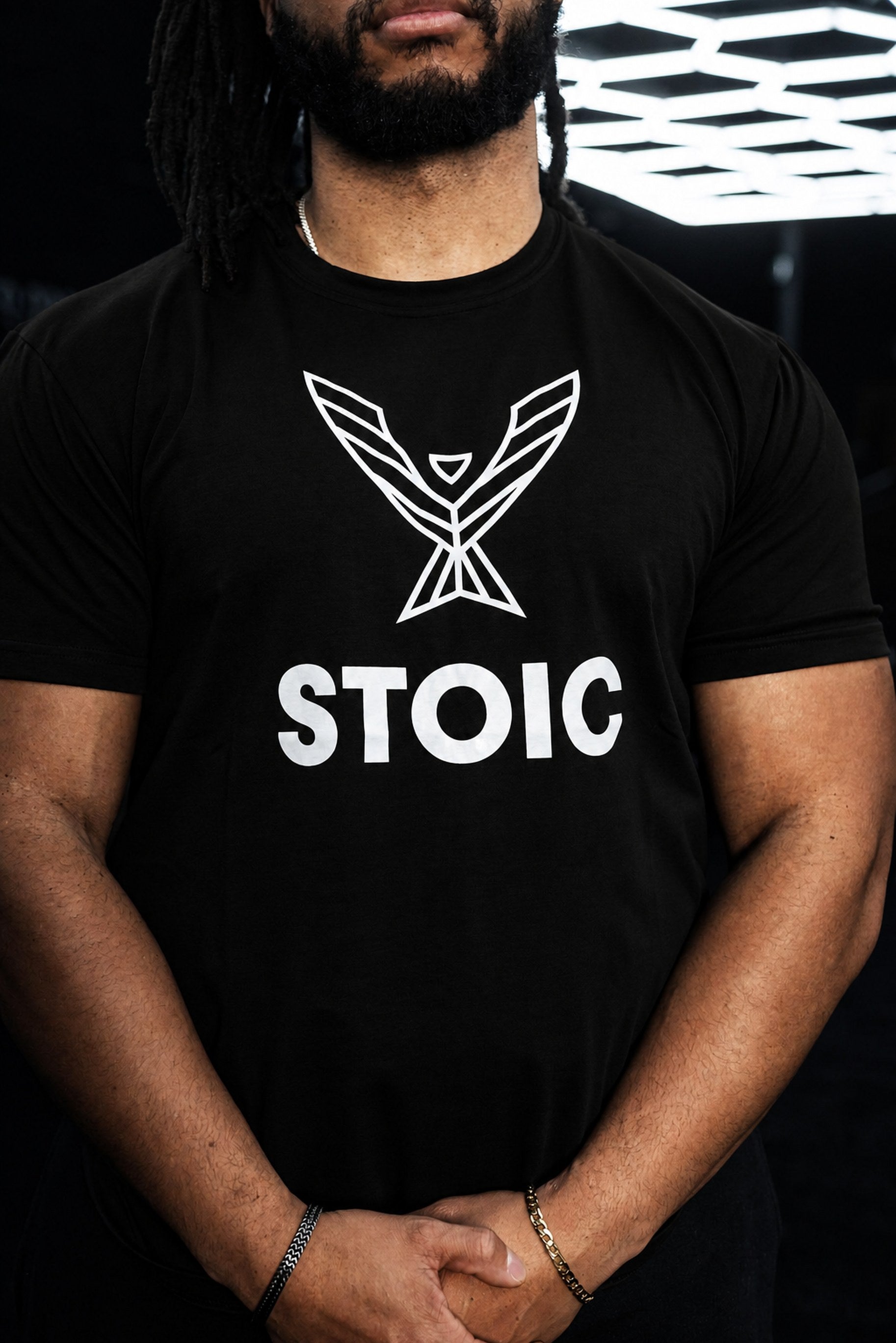 Close-up of the white phoenix and STOIC chest print on the black t-shirt
