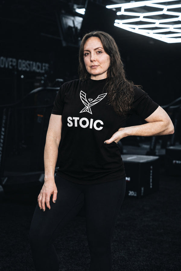 Women's fit of the Stoic Performance black logo t-shirt, side angle