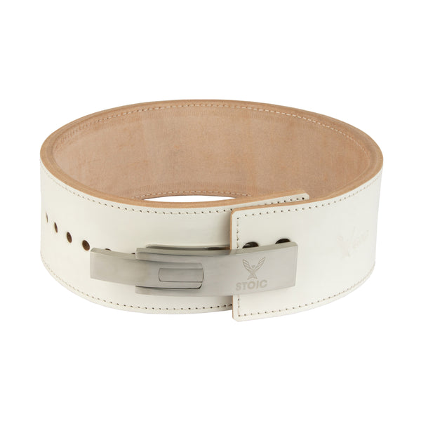 Stoic Lever Powerlifting Belt (13mm) - White — front view — Stoic Performance
