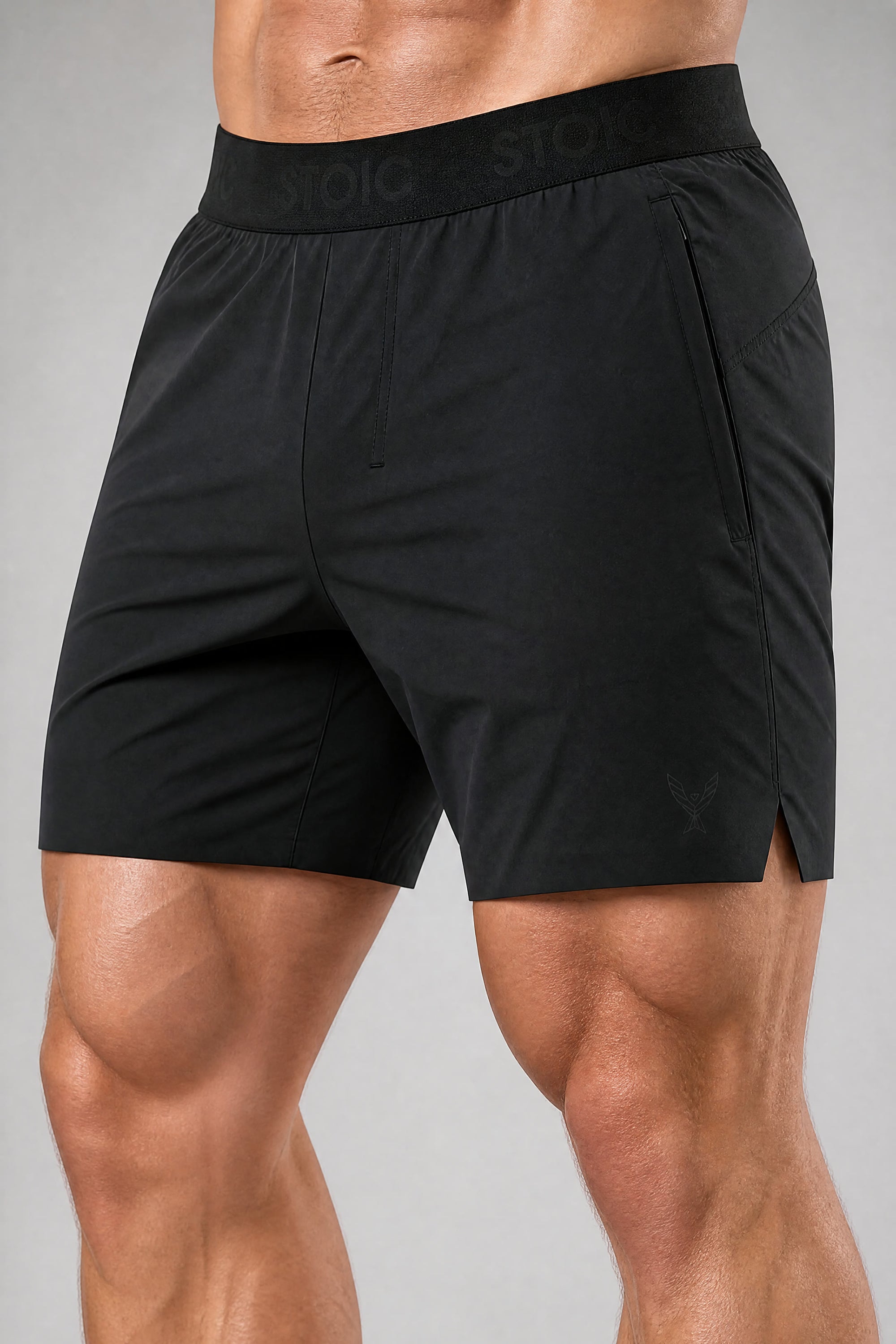 Stoic Gym Short — black, three-quarter view — Stoic Performance