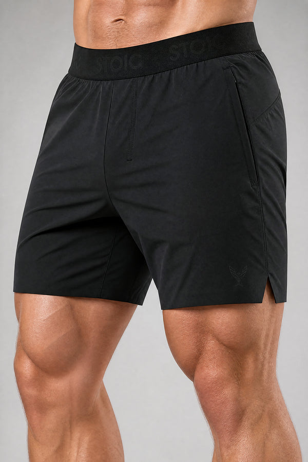 Stoic Gym Short — black, three-quarter view — Stoic Performance