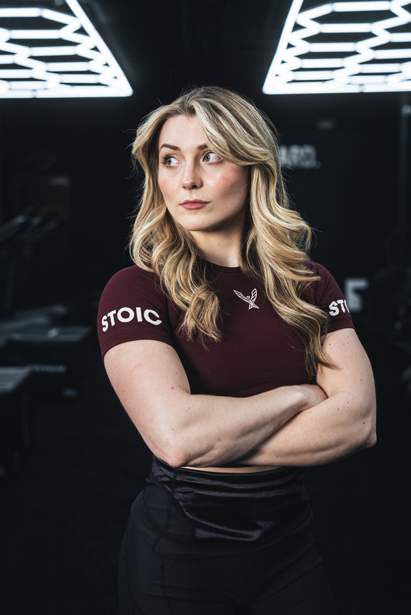 Stoic Competition Crop Top - Maroon — side view — Stoic Performance