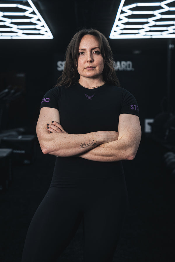 Stoic Competition Crop Top - Black/Purple — close-up — Stoic Performance