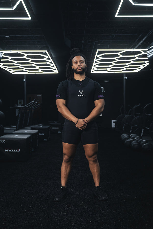 Stoic Competition T-Shirt - Black/Purple — close-up — Stoic Performance