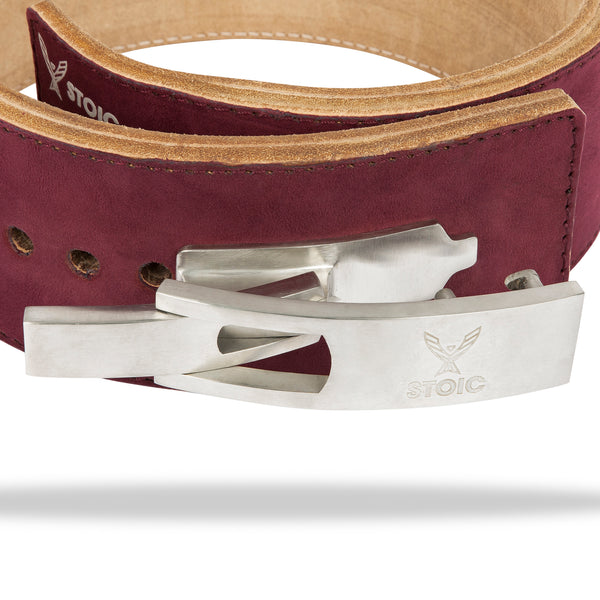 Stoic Lever Powerlifting Belt (13mm) - Maroon — close-up — Stoic Performance