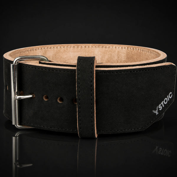 Stoic 10mm single-prong weight lifting belt in black, the belt photographed square-on, showing the single-prong roller buckle and the keeper loop.