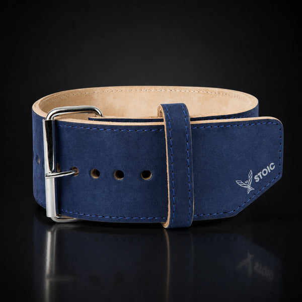 Stoic 10mm single-prong weight lifting belt in navy, the belt photographed square-on, showing the single-prong roller buckle and the keeper loop.