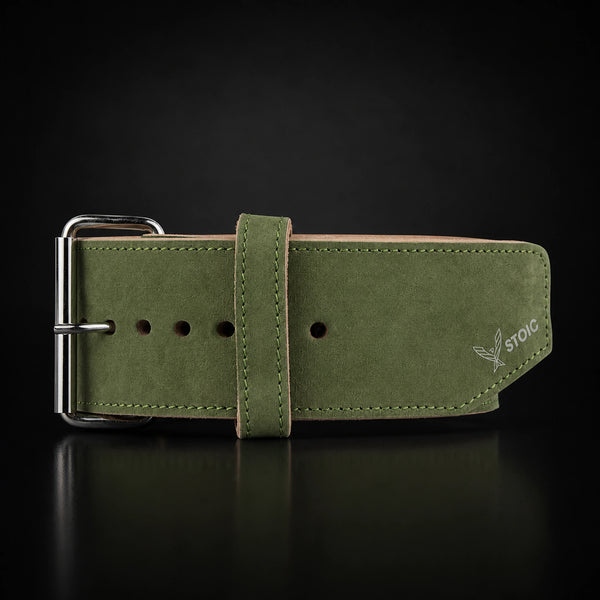 Stoic 10mm single-prong weight lifting belt in olive drab, a close view of the single-prong roller buckle, keeper loop and adjustment holes.