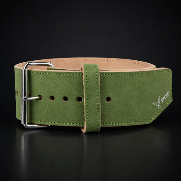 Stoic 10mm single-prong weight lifting belt in olive drab, the belt photographed square-on, showing the single-prong roller buckle and the keeper loop.