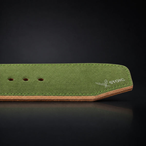 Stoic 10mm single-prong weight lifting belt in olive drab, a close view of the tail, its adjustment holes and the angled chamfered tip.