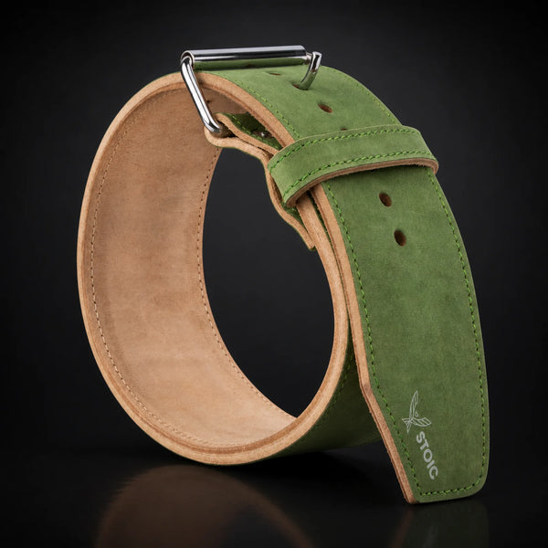 Stoic 10mm single prong weight lifting belt in olive drab, on a dark studio background