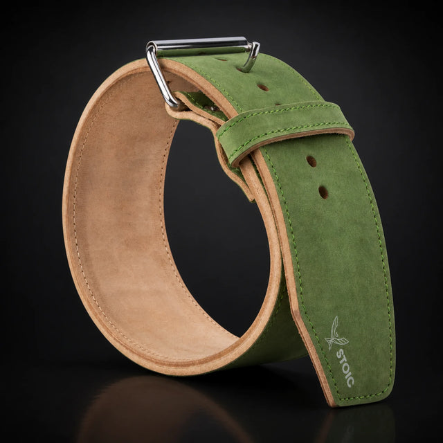Stoic 10mm single prong weight lifting belt in olive drab, on a dark studio background