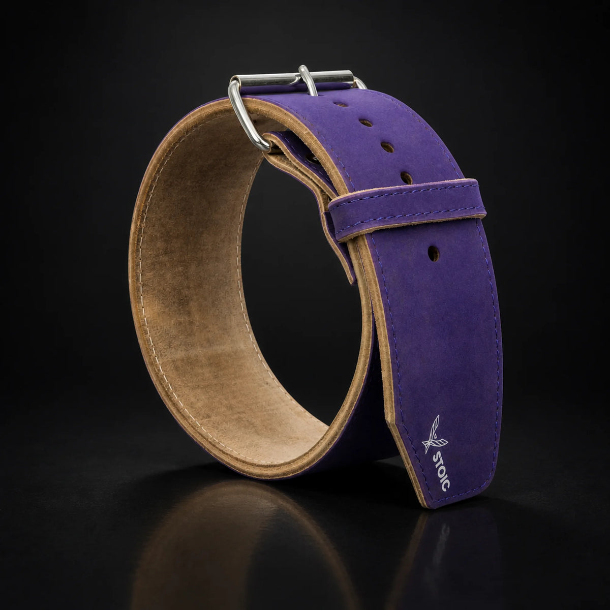 Stoic 10mm single prong weight lifting belt in purple, on a dark studio background