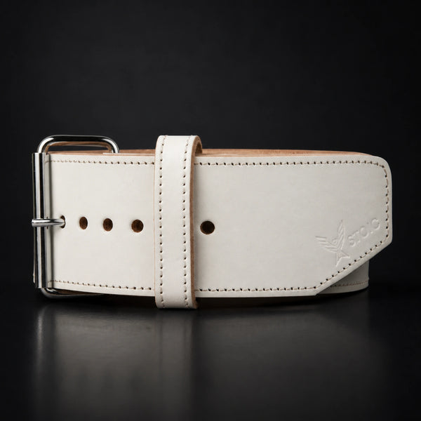 Stoic 10mm single-prong weight lifting belt in white, a close view of the single-prong roller buckle, keeper loop and adjustment holes.
