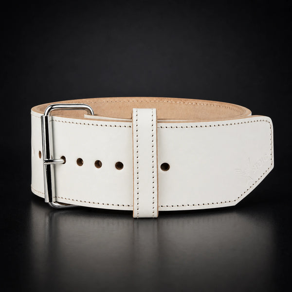 Stoic 10mm single-prong weight lifting belt in white, the belt photographed square-on, showing the single-prong roller buckle and the keeper loop.