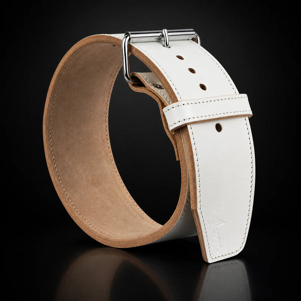 Stoic 10mm single prong weight lifting belt in white, on a dark studio background