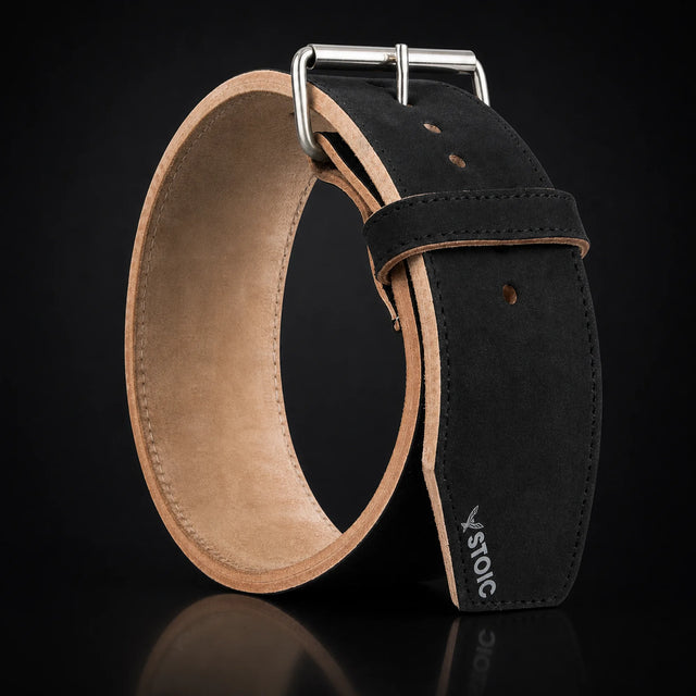Stoic 10mm single prong weight lifting belt, on a dark studio background