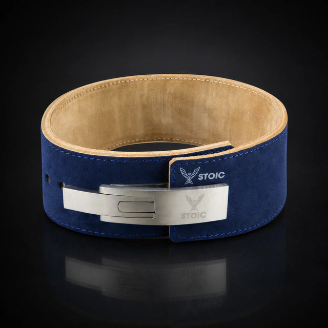 Stoic 13mm lever weight lifting belt in navy, on a dark studio background