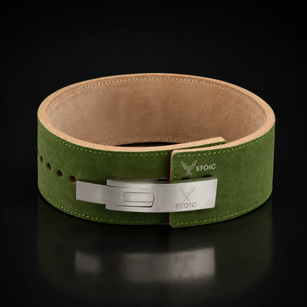 Stoic 13mm lever weight lifting belt in olive drab, on a dark studio background