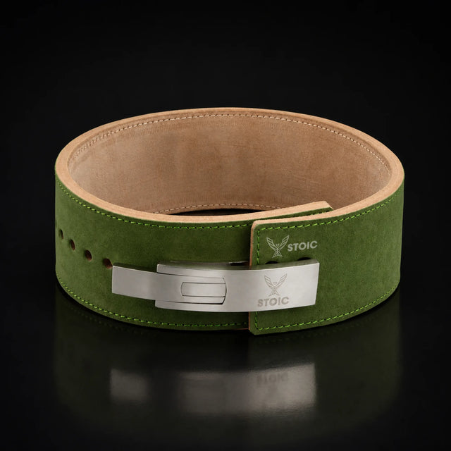 Stoic 13mm lever weight lifting belt in olive drab, on a dark studio background