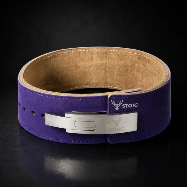 Stoic 13mm lever weight lifting belt in purple, on a dark studio background