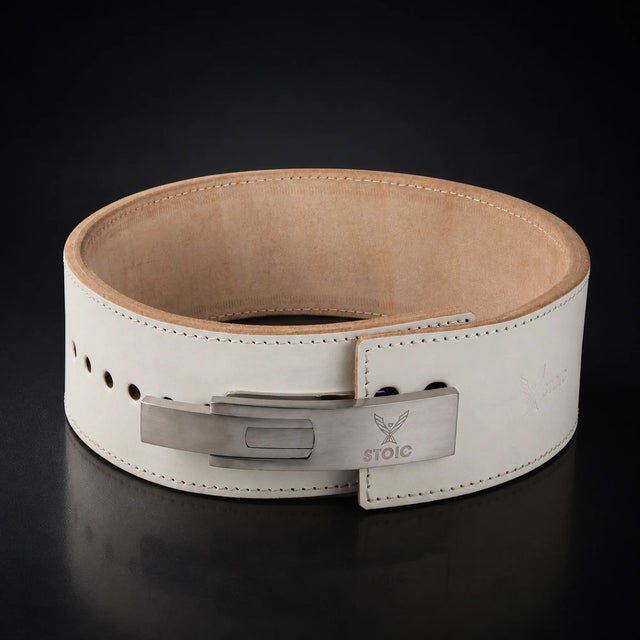 Stoic 13mm lever weight lifting belt in white, on a dark studio background