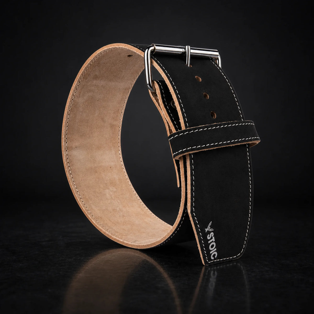 Stoic 6 5mm weight lifting belt, on a dark studio background