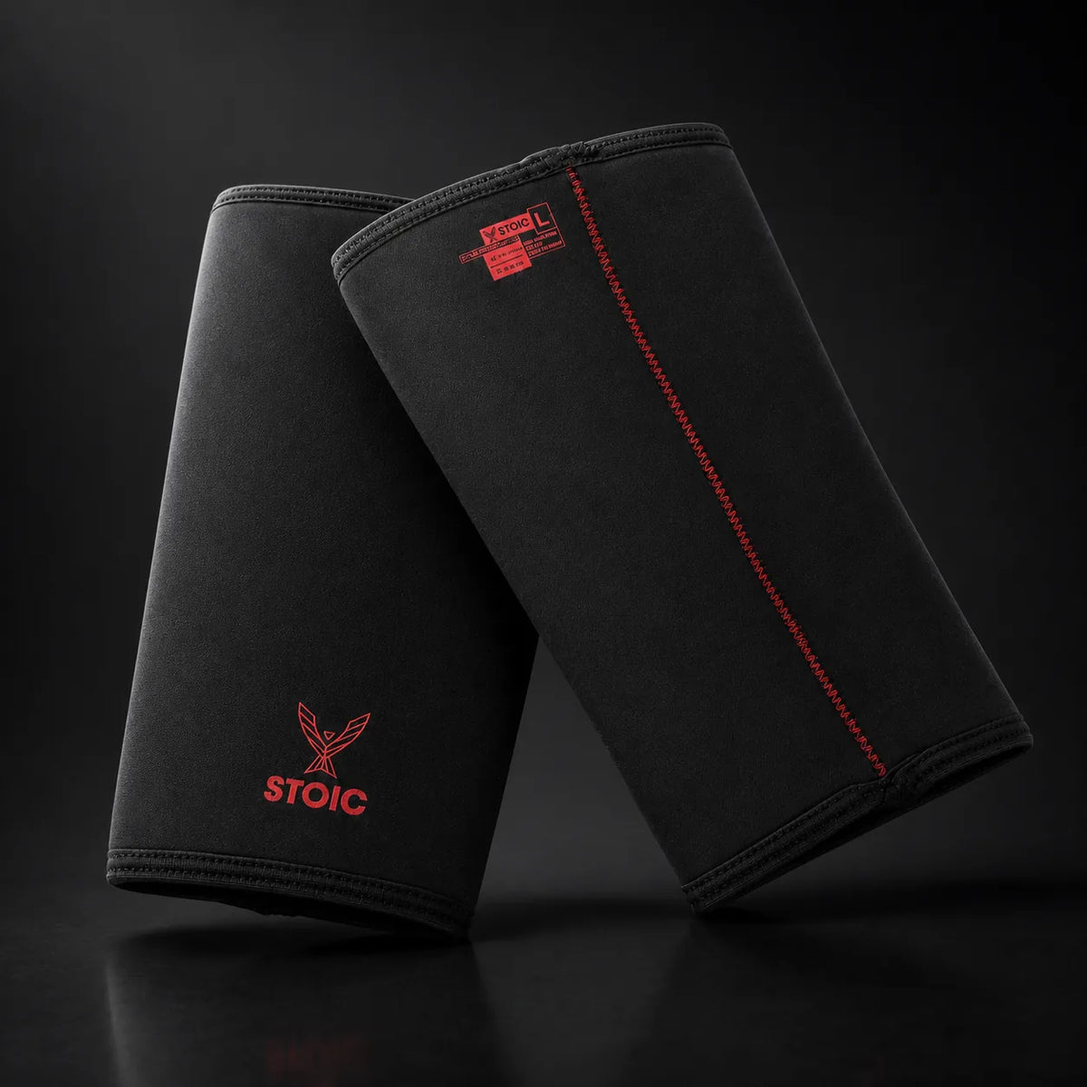 Stoic 7mm knee sleeves for weightlifting in Bloodline, on a dark studio background