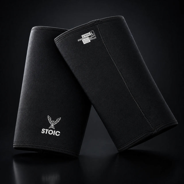 Stoic 7mm knee sleeves for weightlifting, on a dark studio background
