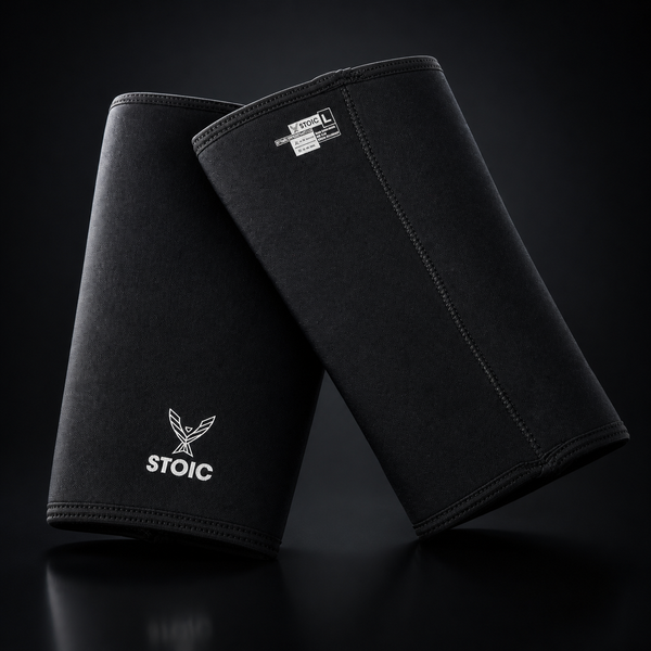Stoic 7mm neoprene knee sleeves in black, front view, on a dark studio background