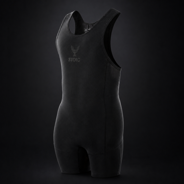 Stoic Black Label lifting singlet, front view, on a dark studio background
