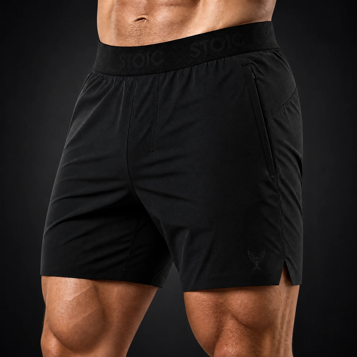 Stoic gym shorts, on a dark studio background