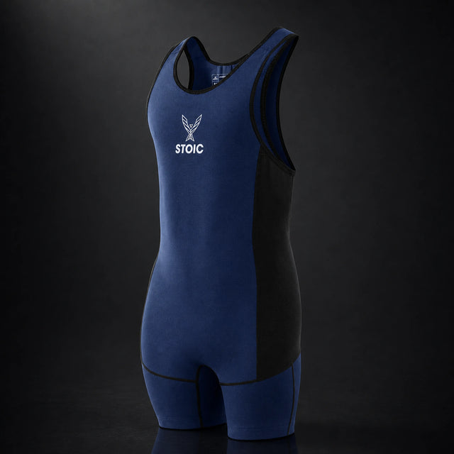 Stoic lifting singlet in navy, on a dark studio background