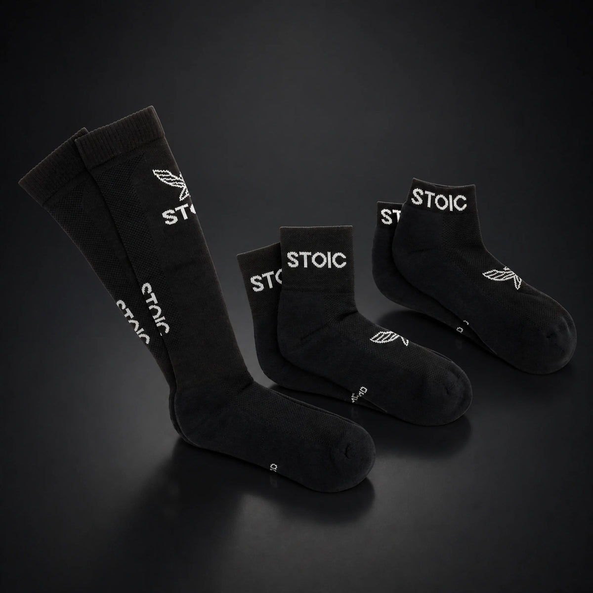 Stoic lifting socks, on a dark studio background