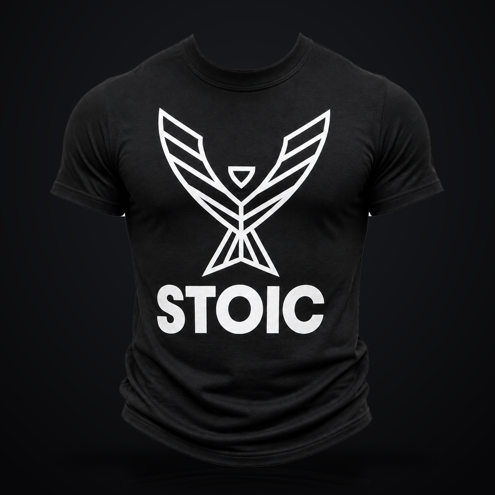 Stoic logo t-shirt in black cotton with the white phoenix and STOIC chest print, front view, on a dark studio background