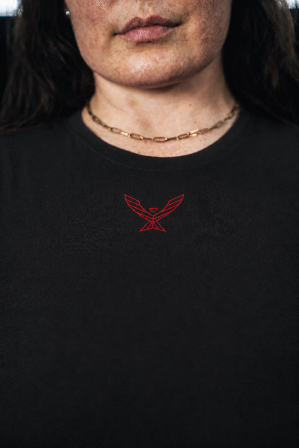 Stoic Competition Crop Top - Bloodline — red Stoic logo close-up on black — Stoic Performance