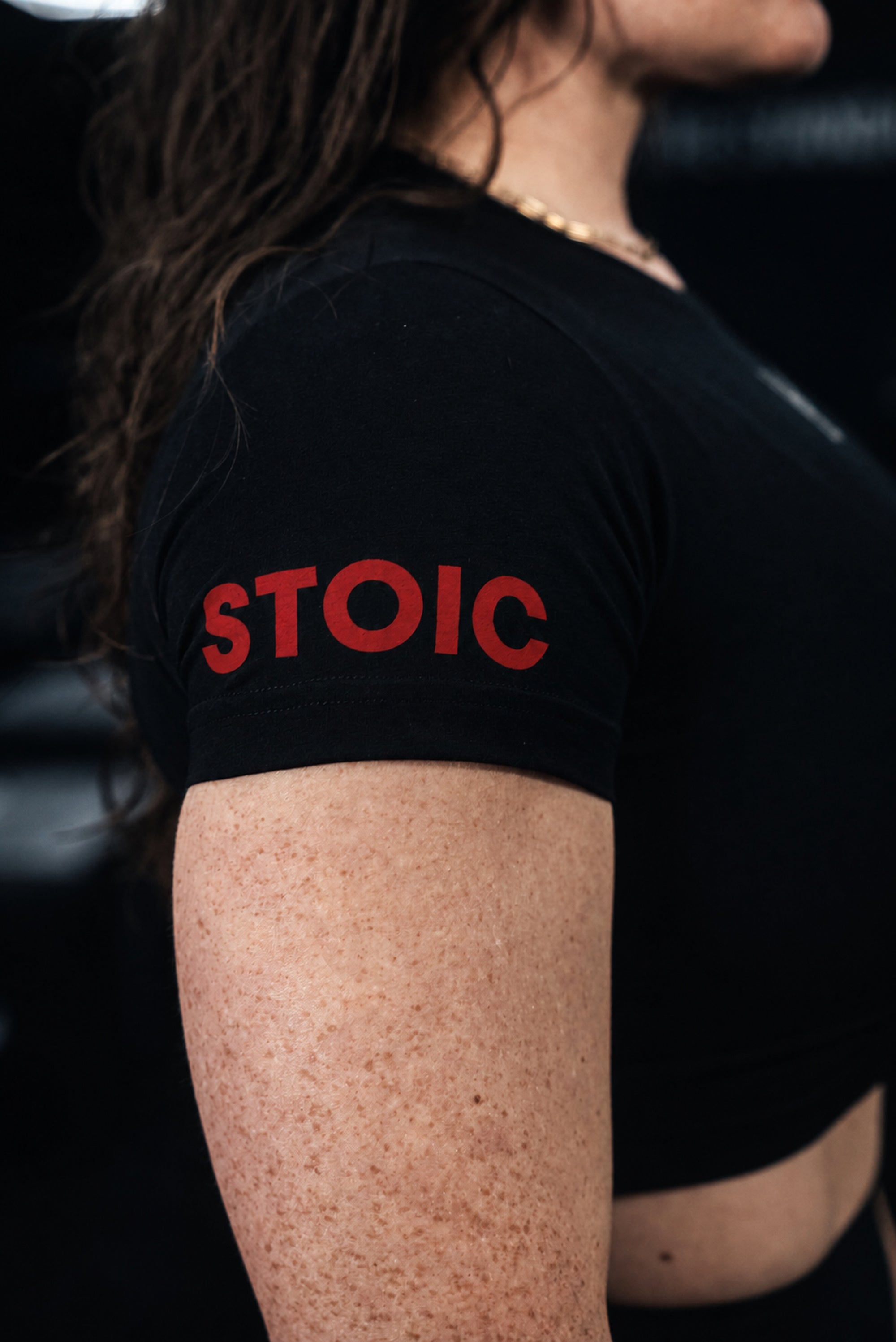 Stoic Competition Crop Top - Bloodline — sleeve STOIC print detail, red on black — Stoic Performance