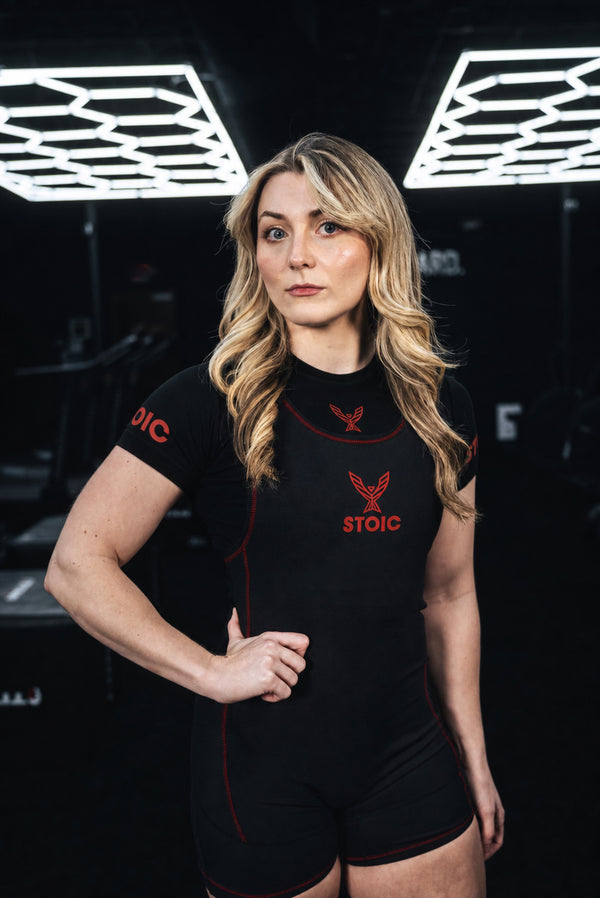 Stoic Competition Crop Top - Bloodline — worn with the Bloodline singlet, front — black and red — Stoic Performance
