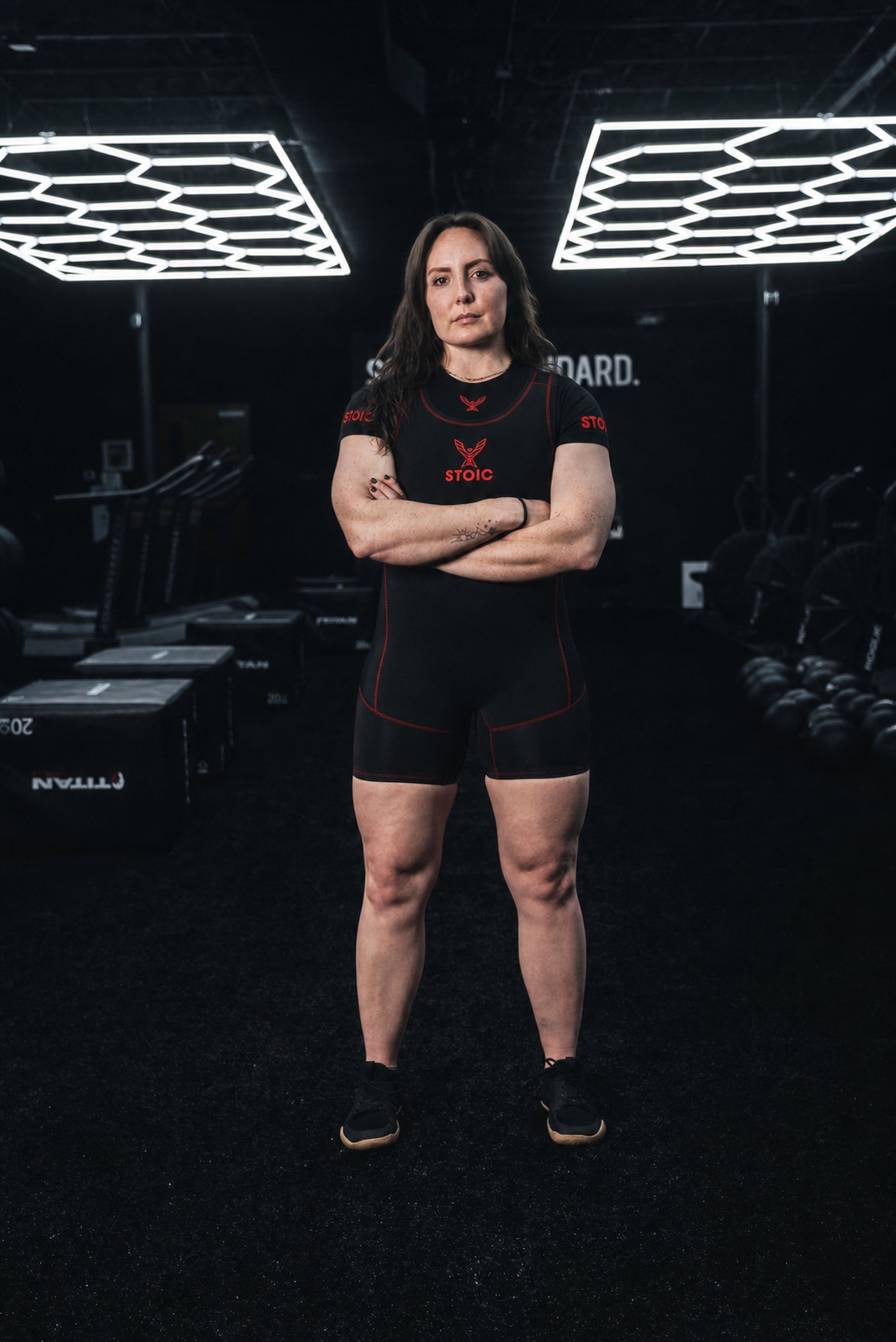 Stoic Competition Crop Top - Bloodline — worn with the Bloodline singlet, full body — Stoic Performance