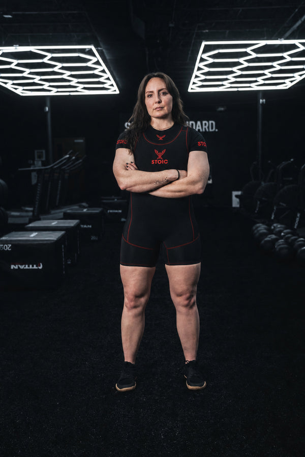 Stoic Competition Crop Top - Bloodline — worn with the Bloodline singlet, full body — Stoic Performance