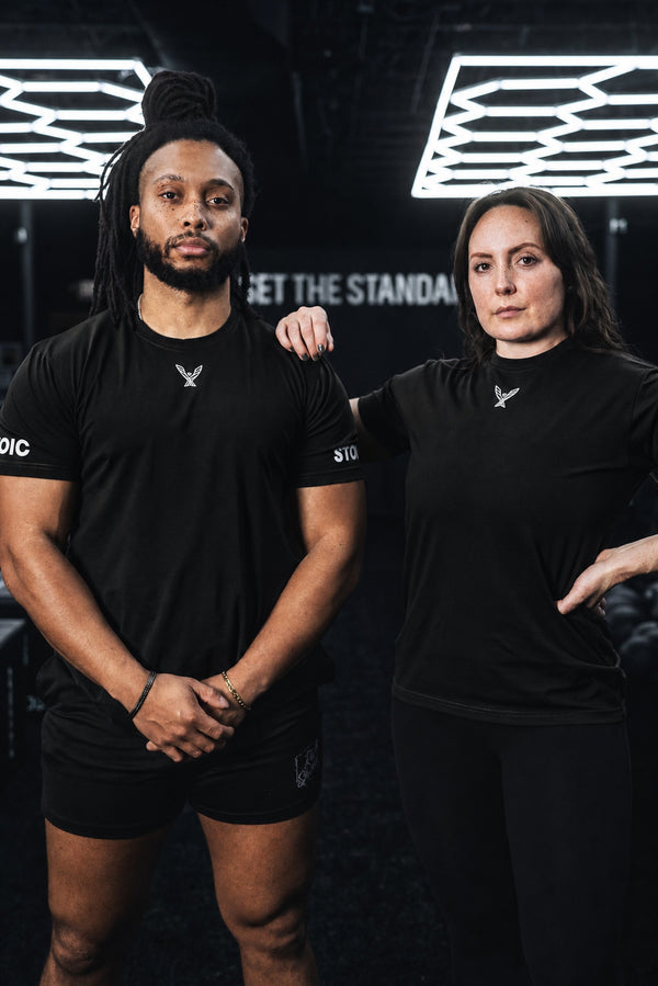 Two lifters wearing the black Stoic Competition T-Shirt