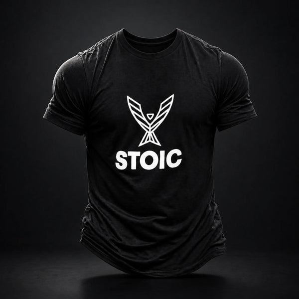 Stoic T-Shirt in black with the white phoenix logo chest print, front view on a dark studio background