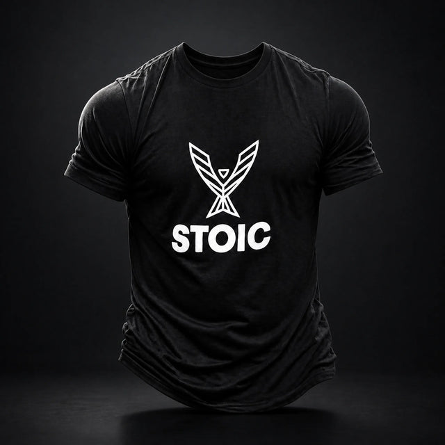 Stoic T-Shirt in black with the white phoenix logo chest print, front view on a dark studio background