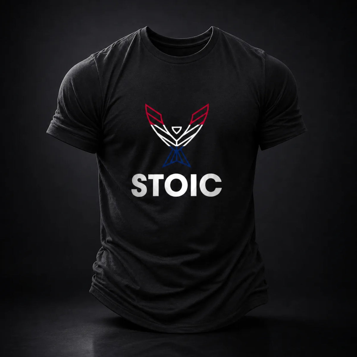 Stoic T-Shirt in black with the red, white and blue phoenix logo chest print, front view on a dark studio background