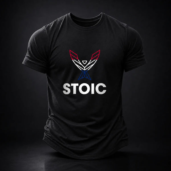 Stoic T-Shirt in black with the red, white and blue phoenix logo chest print, front view on a dark studio background