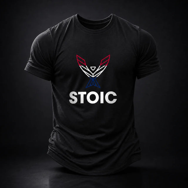 Stoic T-Shirt in black with the red, white and blue phoenix logo chest print, front view on a dark studio background