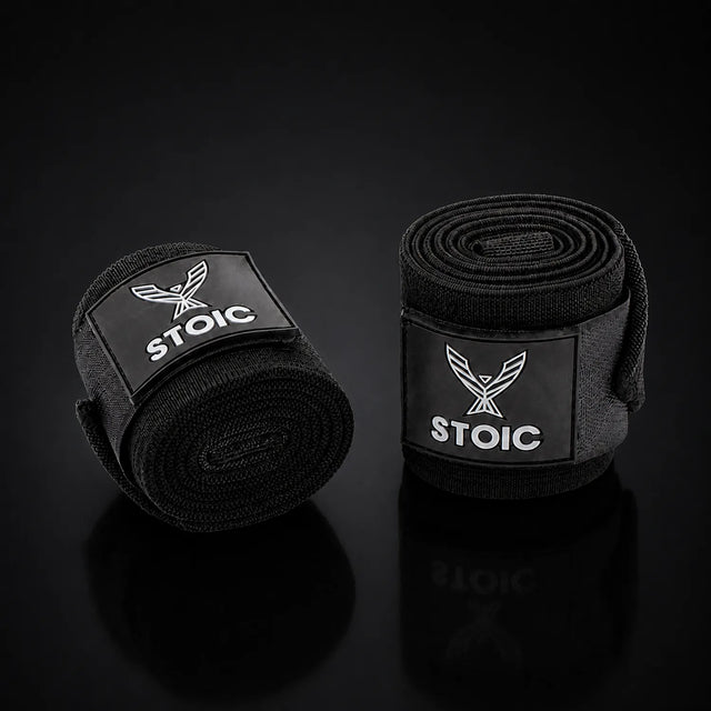 Stoic wrist wraps for weightlifting, on a dark studio background